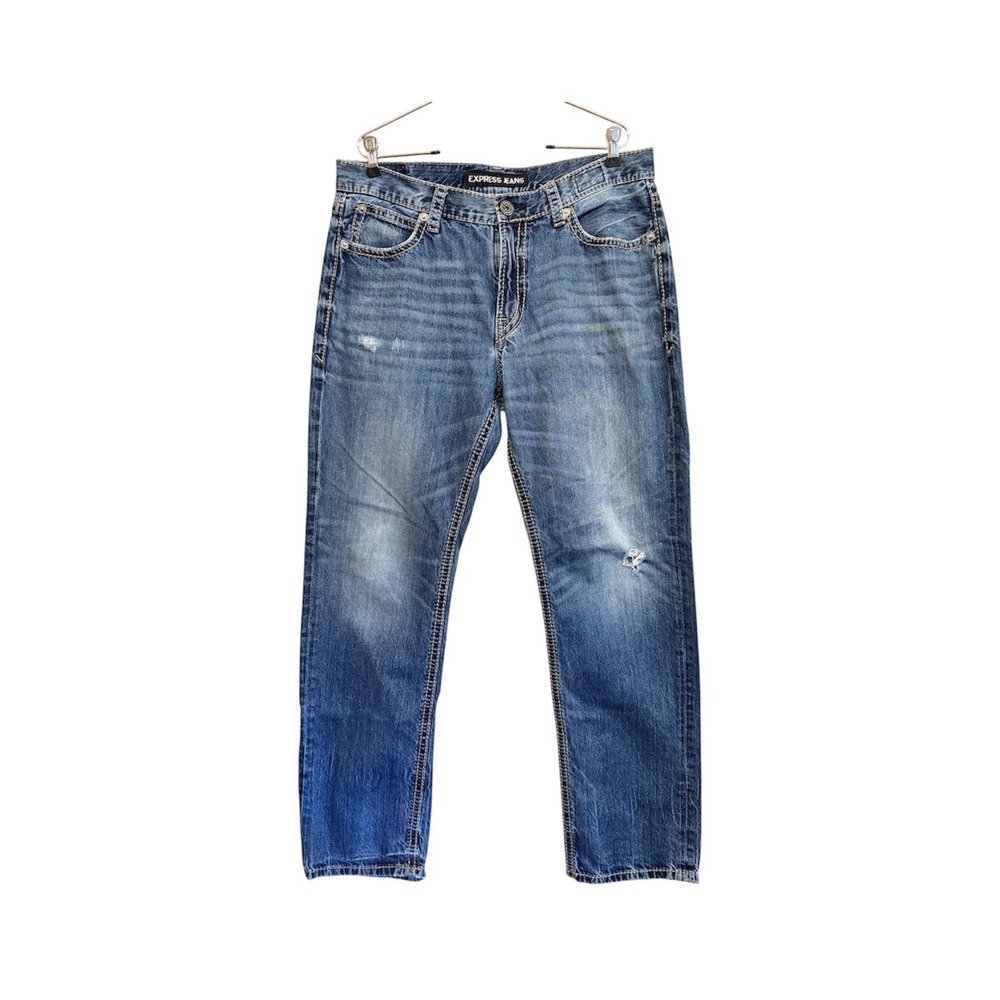 Men's Express Blake Loose Fit Straight Leg Jeans 34x34 Distressed Denim